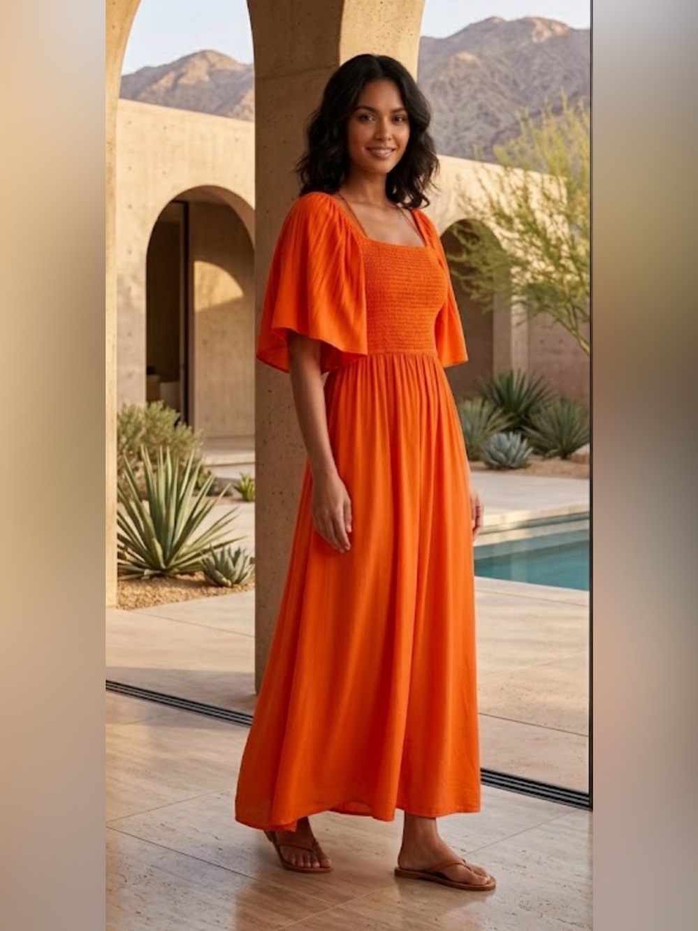 INC International Concepts Smocked Maxi Dress in Orange Size Large